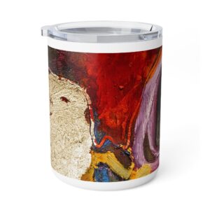 Travel Mug Insulated Stainless Steel 10oz - Hot or Cold Drinks - White Detailing & Clear Lid - Quiet Companion