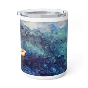 Travel Mug Insulated Stainless Steel 10oz - Hot or Cold Drinks - White Detailing & Clear Lid - A Light Tether