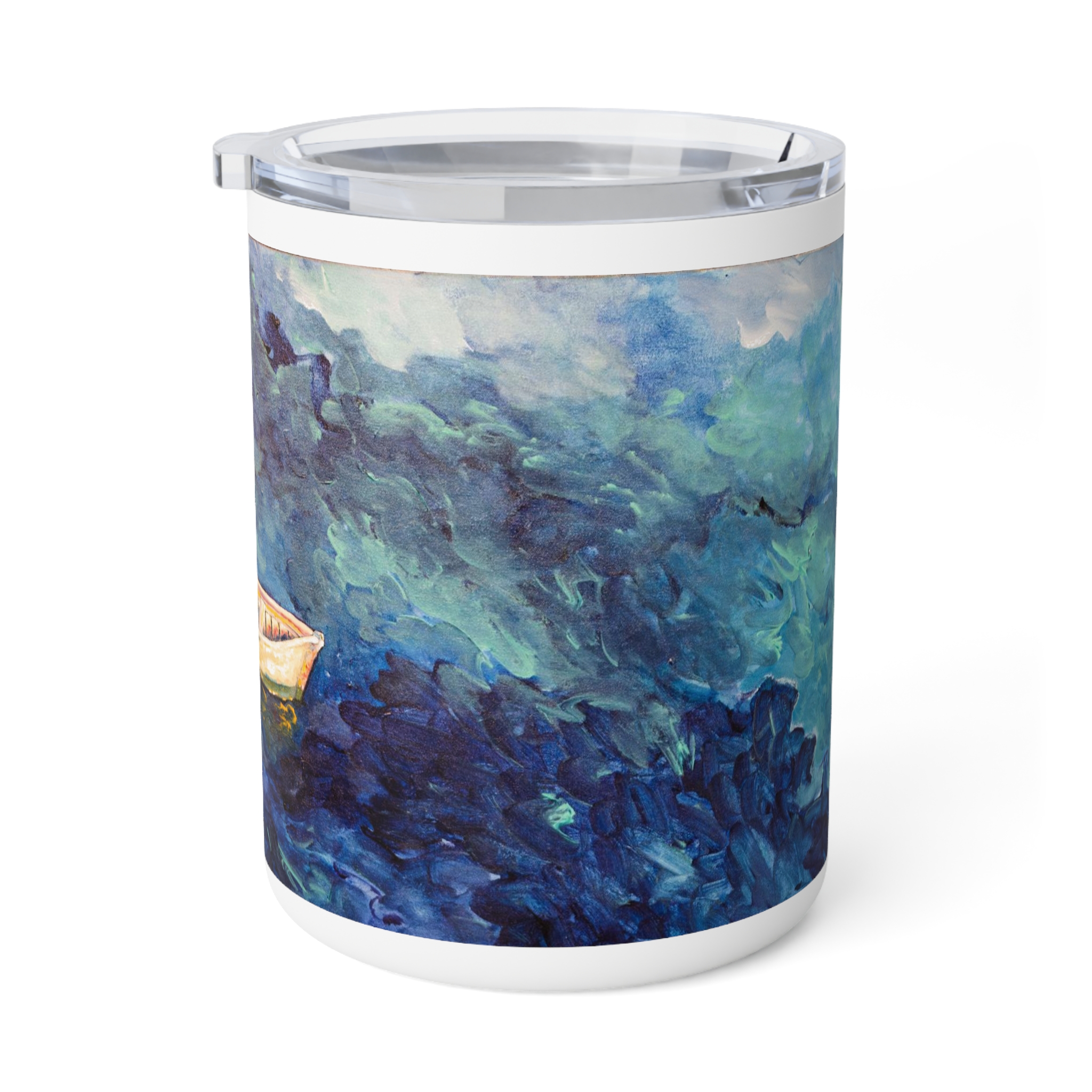 Travel Mug Insulated Stainless Steel 10oz - Hot or Cold Drinks - White Detailing & Clear Lid - A Light Tether